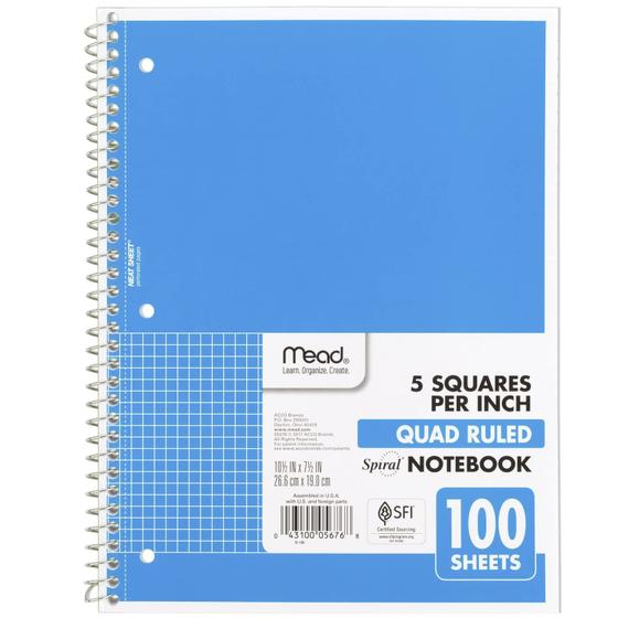 Notebook Mead Spiral, gráfico de 1 assunto, pautado em 100 folhas, azul ...