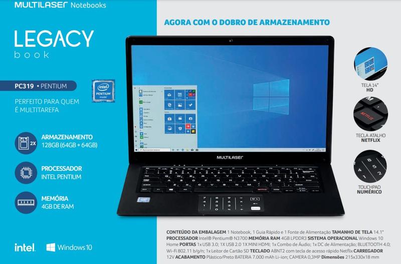 Notebook Multilaser Legacy Book PC319 QuadCore WI-FI 64GB+64GB SD RAM 4GB T :14,1 HD W10 Home Webcam Menor preço em Notebook Multilaser Legacy Book PC319 QuadCore WI-FI 64GB+64GB SD RAM 4GB T :14,1 HD W10 Home Webcam