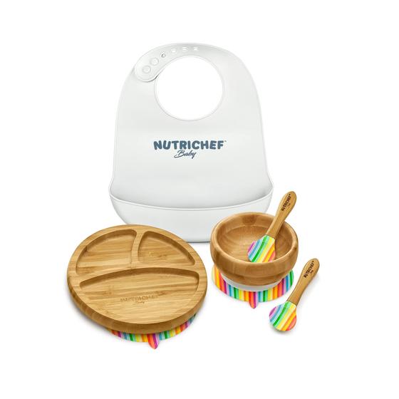 Imagem de NutriChef Baby Bamboo Dinnerware Set - 3 Partição Madeira Toddler Plate, Bowl, Silicone Bib & Spoon c/ Base de Sucção para Stay Put Feeding, BPA-Free, Hypoallergenic, For Children Aged 4-72 Mo. (Arco-íris)