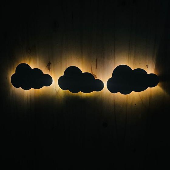 Imagem de Nuvem com led Luminária em mdf kit com 3 peças abajur para decoração quarto infantil