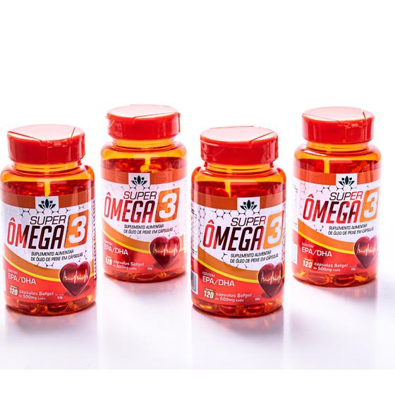 Imagem de O SuperOmega 3 possui Altos índices de DHA 380mg e EPA 300mg kit com 4 frascos