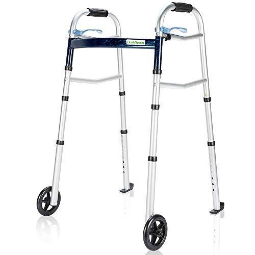 Imagem de OasisSpace Compact Folding Walker, com liberação de gatilho e rodas de 5 polegadas para os idosos Acessórios incluídos Suportes leves estreitos de até 350 lb