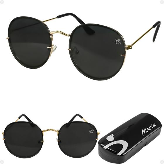 Imagem de oculos aço inoxidavel preto feminino casual praia + case armação dourada lente preta moda original