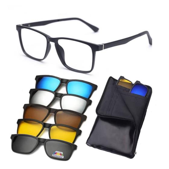 Imagem de Oculos de Sol com Armação de Grau 6x1 Clip On Óculos Masculino Quadrado Polarizado Uv Troca Lentes