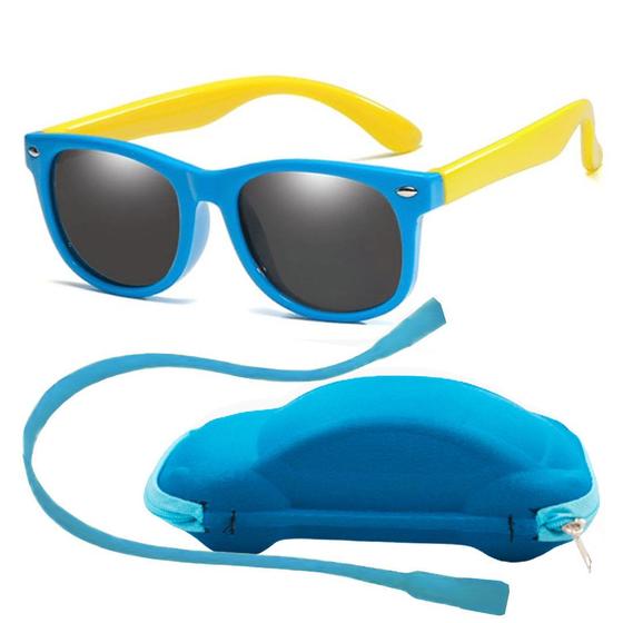 Imagem de Óculos de Sol Flexível Infantil + Case Carrinho + Cordão Silicone Azul Amarelo