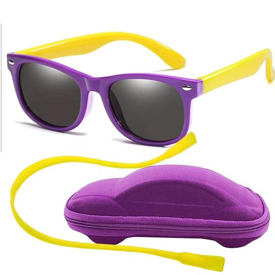 Imagem de Óculos de Sol Flexível Infantil + Case Carrinho + Cordão Silicone Roxo e Amarelo