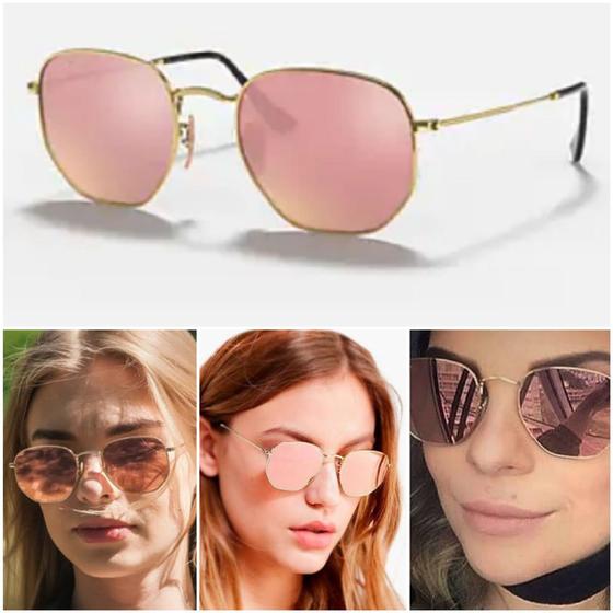 Imagem de Óculos De Sol Hexagonal 3548 Dourado Rosa Espelhado Feminino Moderno Moda Verão UV400