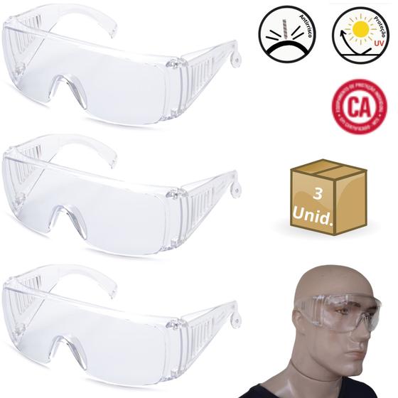 Imagem de Oculos Epi Segurança Uv Ca Sobrepor Incolor Proteçao Anti Risco Frontal Lateral Trabalho kit 3 Unids