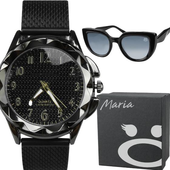 Imagem de Oculos proteção uv sol + relogio feminino preto aço + caixa pulseira ajustavel presente casual moda