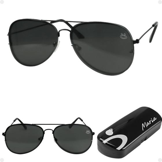 Imagem de oculos sol feminino aviador preto aço case + inoxidavel armação preta lente preta casual original