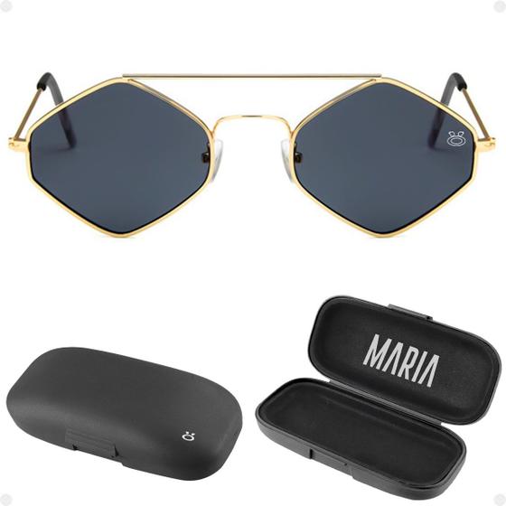 Imagem de oculos sol feminino losango aço metal proteção uv + case maria praia banhado moda qualidade premium