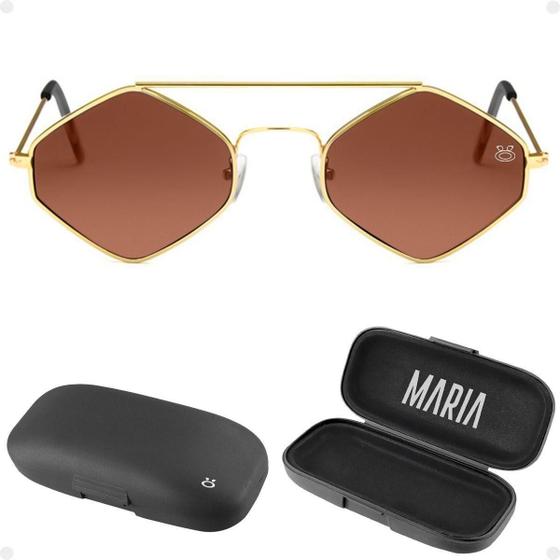 Imagem de Oculos Sol Feminino Metal Marrom Losango Proteção Uv + Case