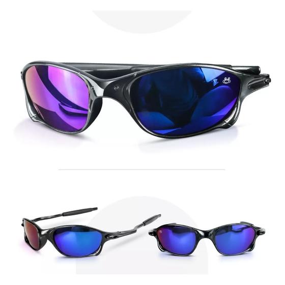 Imagem de oculos sol lupa praia azul proteção uv acetato masculino armação preta lente azul espelhada presente