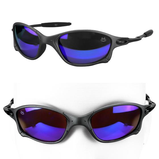 Imagem de oculos sol lupa preto azul metal praia proteção uv + case qualidade premium estiloso lente espelhada