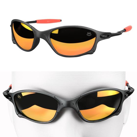 Imagem de oculos sol metal laranja praia lupa proteção uv preto + case estiloso presente praia lente espelhada