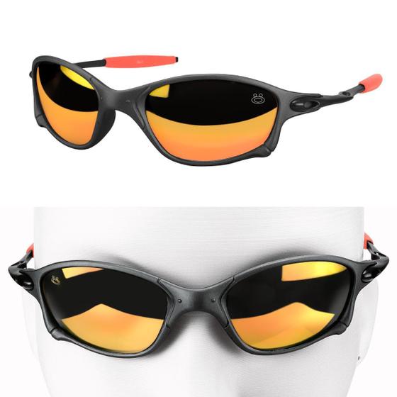Imagem de oculos sol preto lupa laranja praia metal proteção uv + case