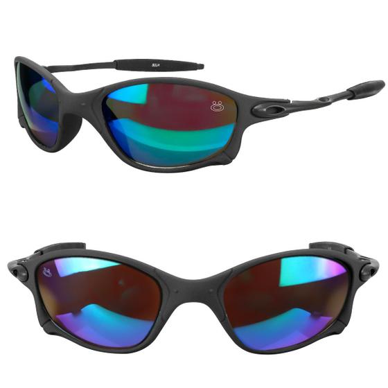 Imagem de oculos sol preto lupa verde metal proteção uv praia casual aste metal estiloso lente espelhada qualidade premium