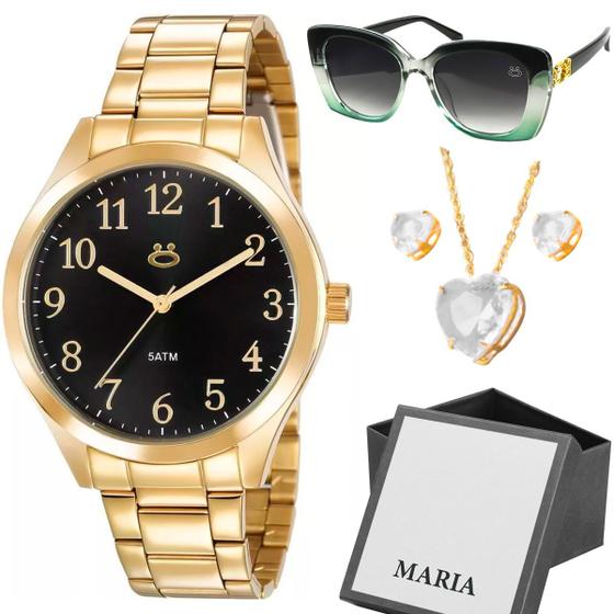 Imagem de Oculos sol proteção uv + caixa + relogio feminino dourado resistente moda qualidade premium presente