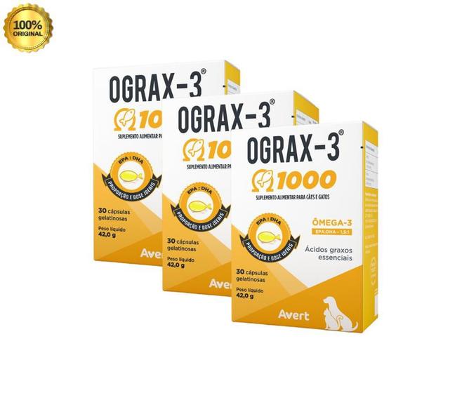Ograx 3 1000 Suplemento alimentar para cães e gatos kit com 3 Menor preço em Ograx 3 1000 Suplemento alimentar para cães e gatos kit com 3