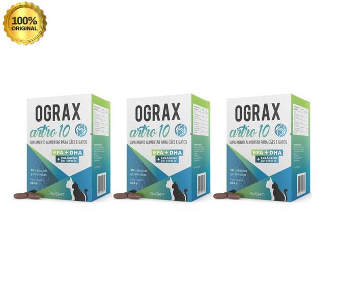 Imagem de Ograx Artro 10 Suplemento alimentar para cães e gatos  kit com 3 unidades 30 capsulas