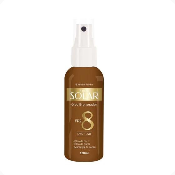 Imagem de Óleo Bronzeador FPS 8 UVA + UVB Com Óleo de Coco e Buriti Manteiga de Cacau Rainha Solar Abelha Rainha 120ml REF 3450