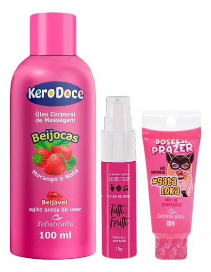 Imagem de Óleo Corporal de Massagem Kero Doce Beijocas + Calda Beijável Tutti Frutti + Gel Gata Loka