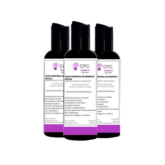 Imagem de Óleo Corporal Hidratante de semente de Uva 100% puro 120ml Kit com 3