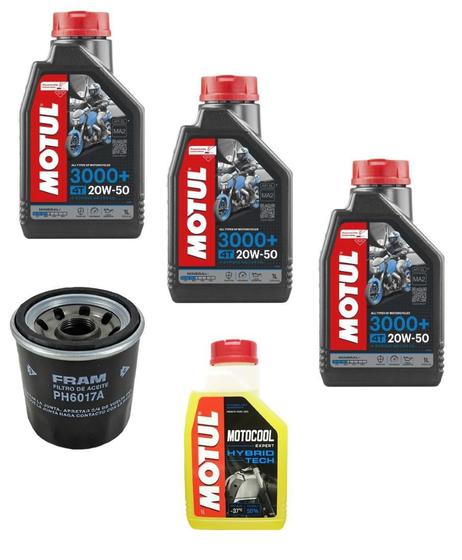 Imagem de Óleo Motul 20W50 3L + Filtro Fram Ph 6017 + 1 Litro Motocool