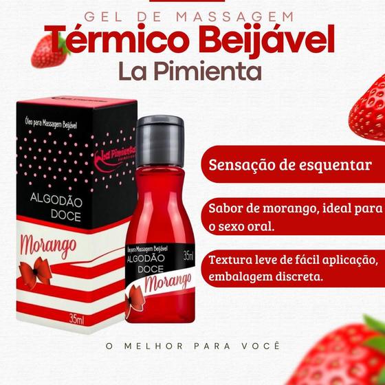 Imagem de Óleo Para Massagem Coméstivel Beijável Algodão Doce Aroma de Morango Hot 35ml Sex Shop La Pimienta