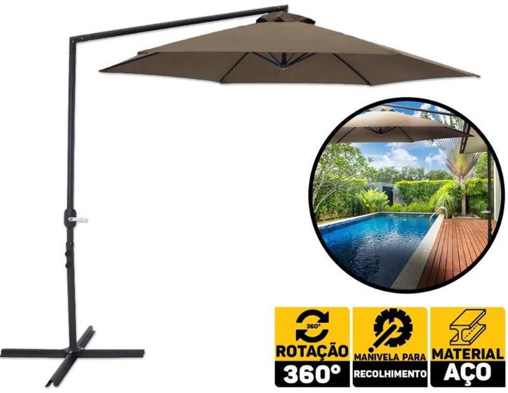Imagem de Ombrelone Suspenso Bel Veneza 3 Metros Marrom Para Deck, Jardim e Piscina Ajustavel Abre e Fecha com Manivela + Base de Apoio 