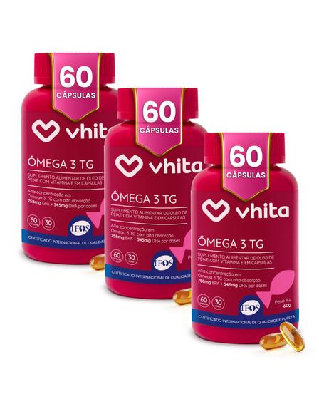 Ômega 3 1000mg TG - Importado e Rico EPA DHA Com Selo IFOS e Vitamina E de 60 cápsulas Vhita 3 unidades Menor preço em Ômega 3 1000mg TG - Importado e Rico EPA DHA Com Selo IFOS e Vitamina E de 60 cápsulas Vhita 3 unidades