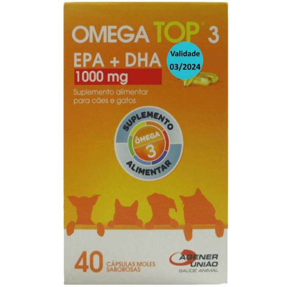 Imagem de Omega Top 3 EPA + DHA 1000mg Suplem. Alimentar C/ 40 cápsulas Moles Saborosas P/ Cães e Gatos - Agen