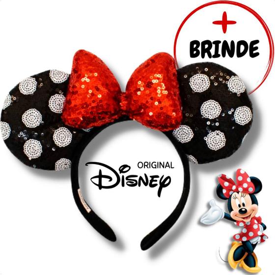 Imagem de Orelha Minnie Com bolinhas Orelhinha Laço Paetê Arco Arquinho Tiara Fantasia Disney Original Diadema Coroa