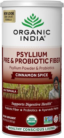 Imagem de Organic India Psyllium Husk Pre & Probiotic Fiber - Psyllium Husk Powder, Keto, Paleo, Vegan, Sem Glúten, Dietary Fiber Power, Psyllium Husk Whole - Cinnamon Spice Flavor, 10 Oz Bag