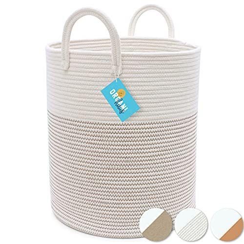 Imagem de OrganiHaus Cesta Branca para Bebés  Armazenamento de cesta de brinquedo para crianças  Grandes Cestas Tecidas para Armazenamento  Cesta de Roupa Redonda  Suporte Cobertor para  do Quarto Cesta Cobertora Boho para Sala de Estar - 15x18