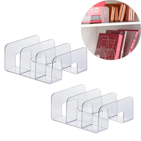 Imagem de Organizador de Armário Para Livros Bolsas Carteiras Com 3 Divisórias de Mesa Acrílico Transparente Kit C/ 2 Unidades