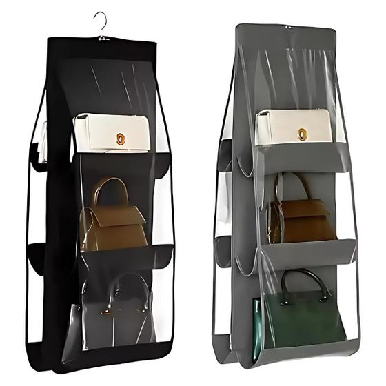 Imagem de Organizador de bolsas com 6 compartimentos e cabide prático ideal para closet Perfeito para armazenar sapatos bolsas e roupas