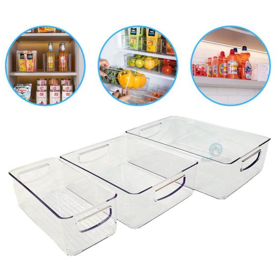 Organizador De Geladeira Cozinha Kit 3 Peças Acrílico Alça Menor preço em Organizador De Geladeira Cozinha Kit 3 Peças Acrílico Alça