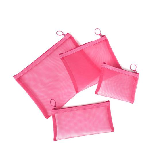 Imagem de Organizador de Maquiagem Patu - Kit de Bolsas com Zíper em Malha (4 Peças) - Rosa