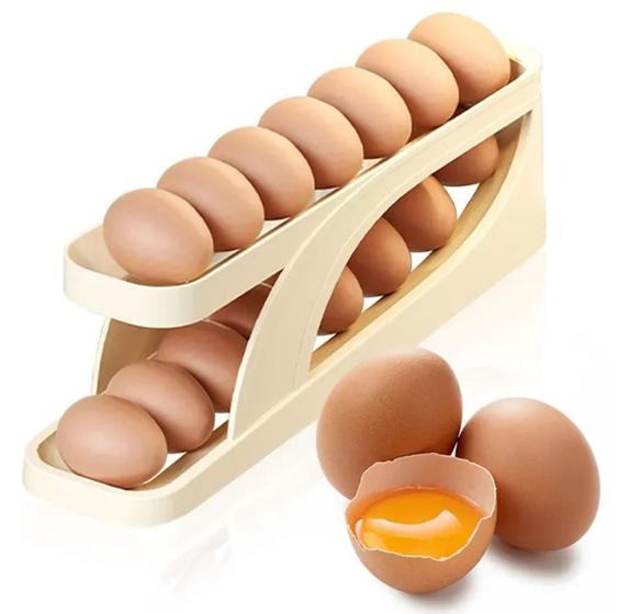 Imagem de Organizador de Ovos para Geladeira Rolagem Automática Egg Deslizador 2 Andares Bege Branco