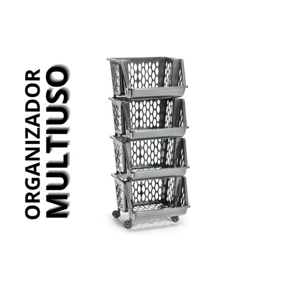 Organizador Fruteira Empilhável c/ Rodinhas 4 Andares Chumbo Menor preço em Organizador Fruteira Empilhável c/ Rodinhas 4 Andares Chumbo