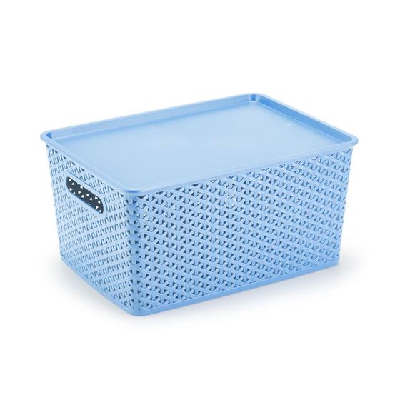 Imagem de Organizador Rattan Grande Cesto Azul Com Tampa Multiuso 36CM