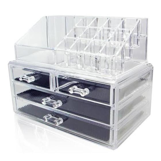 Imagem de Organizadora porta joias batom e pincel caixa em acrilico 4 gavetas para mesa e penteadeira luxo