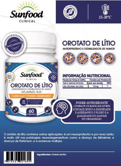 Orotato de lítio 10mg 60 capsulas sunfood clinical | Menor preço com cupom