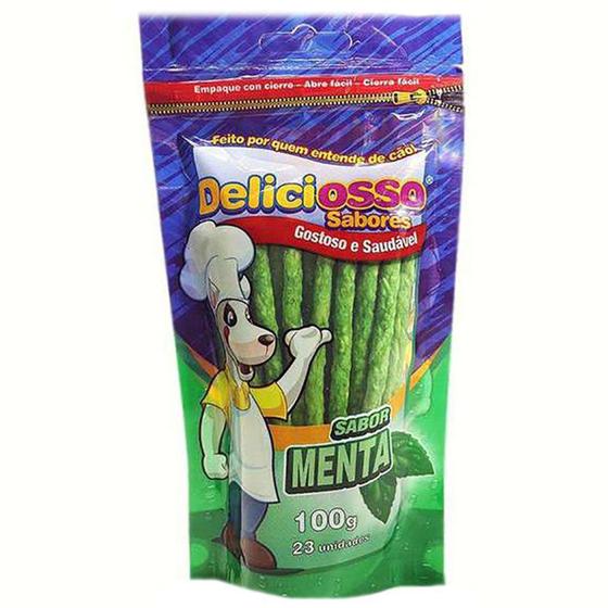 Imagem de Ossinho Petisco palitinho para Cães Deliciosso Menta 100g controle de tártaro higiene bucal