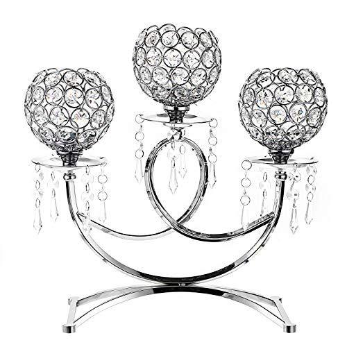 Imagem de OwnMy 3 Braços Cristal Castiçais Tigelas Tealight Candelabras Castiçal Candle Stand Ornamentos para Casamento Mesa de Jantar Festa de Natal Home Decoração Peça Central (Prata)