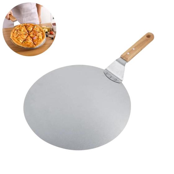 Imagem de Pá para pizza redonda grande 35cm inox cabo curto de madeira espátula forno assar montar massas pães