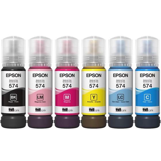 Imagem de Pack 06 Garrafas de Tintas T574 Preto, Ciano, Magenta, Amarelo, Ciano Claro, Magenta Claro Para impressora L18050 L8050