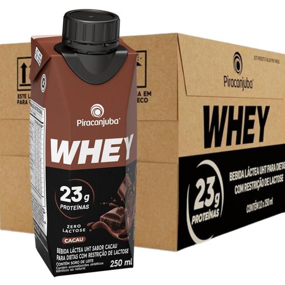 Imagem de Pack 12 unidades Bebida Láctea Whey 23g de Proteína Piracanjuba Zero Lactose Pronto para Consumo Sabor Cacau - Caixa com