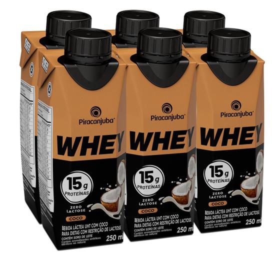 Imagem de Pack 6 unidades Bebida Láctea Whey 15g de Proteína Piracanjuba Zero Lactose Pronta para Consumo Sabor Coco 250ml Kit 6un